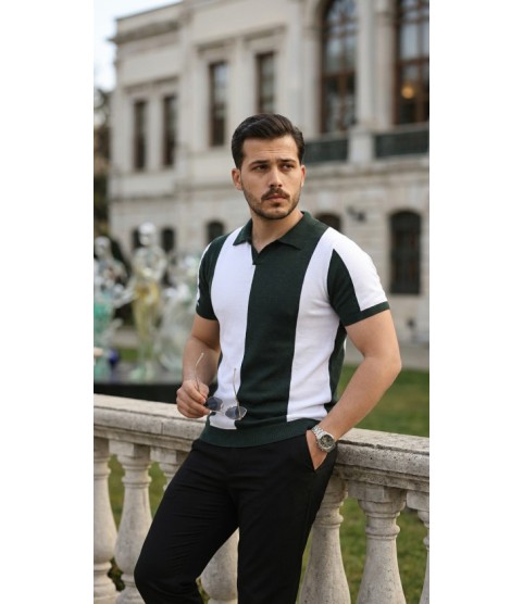 Erkek Kısa Kollu Polo Yakalı Blok Desenli Triko Bluz