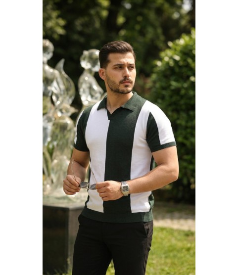 Erkek Kısa Kollu Polo Yakalı Blok Desenli Triko Bluz