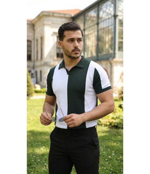 Erkek Kısa Kollu Polo Yakalı Blok Desenli Triko Bluz