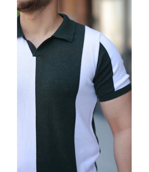 Erkek Kısa Kollu Polo Yakalı Blok Desenli Triko Bluz