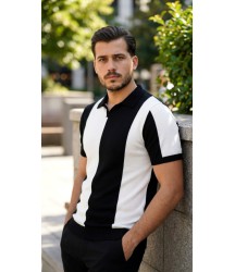 Erkek Kısa Kollu Polo Yakalı Blok Desenli Triko Bluz