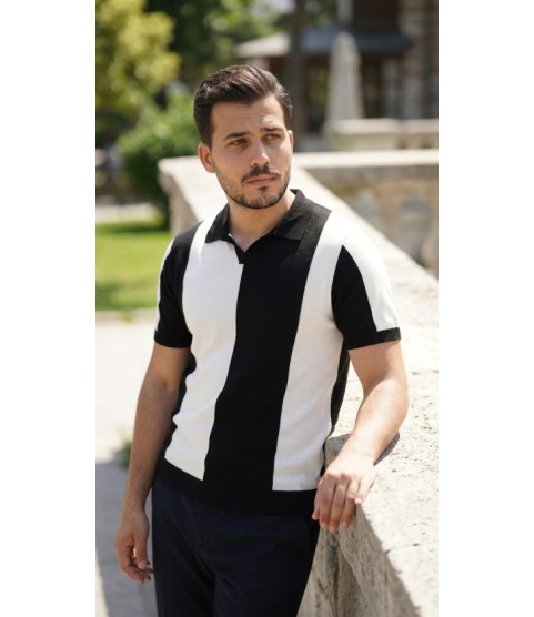 Erkek Kısa Kollu Polo Yakalı Blok Desenli Triko Bluz
