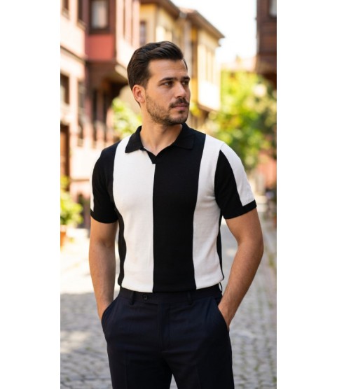 Erkek Kısa Kollu Polo Yakalı Blok Desenli Triko Bluz