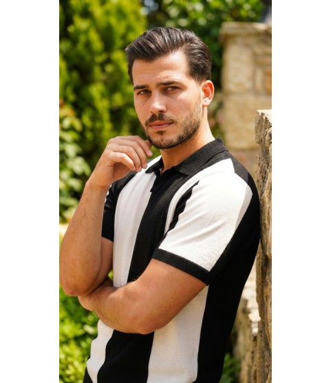 Erkek Kısa Kollu Polo Yakalı Blok Desenli Triko Bluz