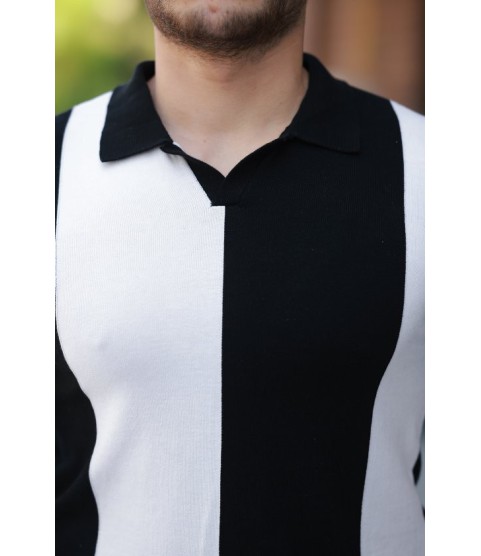 Erkek Kısa Kollu Polo Yakalı Blok Desenli Triko Bluz