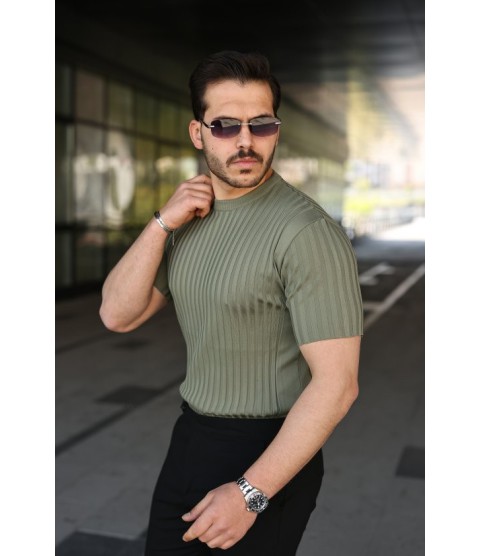 Erkek Fitilli Bisiklet Yaka Kısa Kollu Tişört
