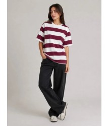 Çizgili Oversize Tişört Bisiklet Yaka Kısa Kol Yazlık T-Shirt - Bordo