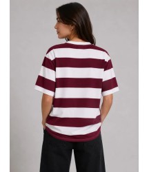 Çizgili Oversize Tişört Bisiklet Yaka Kısa Kol Yazlık T-Shirt - Bordo