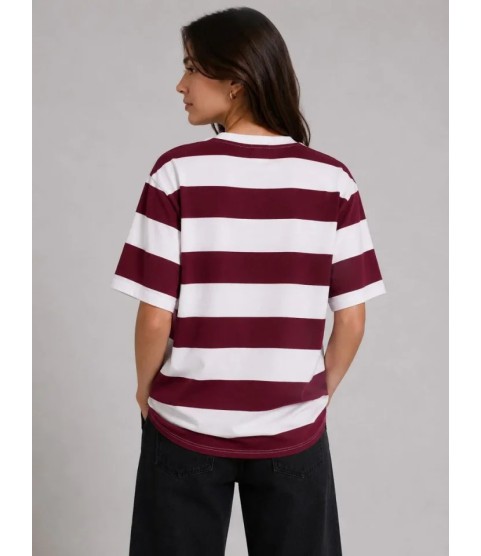 Çizgili Oversize Tişört Bisiklet Yaka Kısa Kol Yazlık T-Shirt - Bordo Çizgili Oversize Tişört Bisiklet Yaka Kısa Kol Yazlık T-Shirt - Bordo