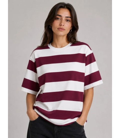 Çizgili Oversize Tişört Bisiklet Yaka Kısa Kol Yazlık T-Shirt - Bordo Çizgili Oversize Tişört Bisiklet Yaka Kısa Kol Yazlık T-Shirt - Bordo