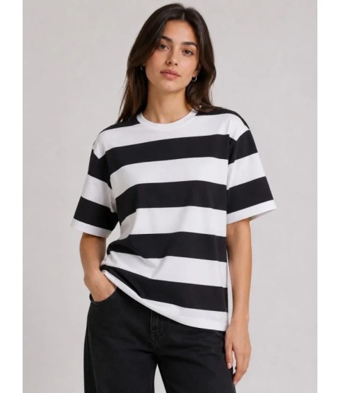 Çizgili Oversize Tişört Bisiklet Yaka Kısa Kol Yazlık T-Shirt - Siyah Çizgili Oversize Tişört Bisiklet Yaka Kısa Kol Yazlık T-Shirt - Siyah