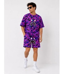 Erkek Oversize Kalıp Pubg Bape X Shark Nakışlı Cepli Şort Takım - Mor