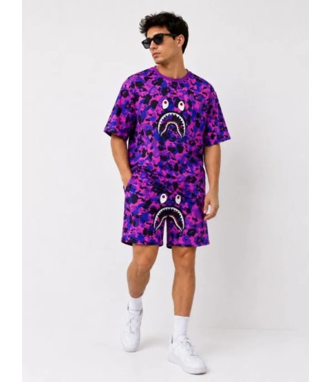 Erkek Oversize Kalıp Pubg Bape X Shark Nakışlı Cepli Şort Takım - Mor