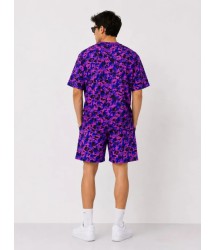 Erkek Oversize Kalıp Pubg Bape X Shark Nakışlı Cepli Şort Takım - Mor