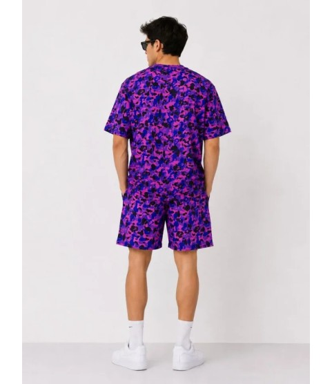 Erkek Oversize Kalıp Pubg Bape X Shark Nakışlı Cepli Şort Takım - Mor