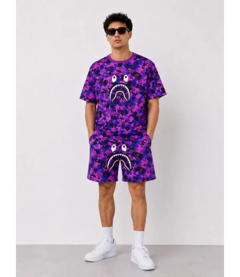 Erkek Oversize Kalıp Pubg Bape X Shark Nakışlı Cepli Şort Takım - Mor
