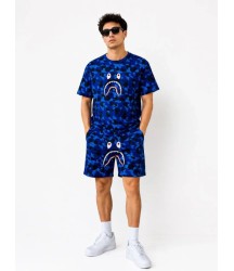 Erkek Oversize Kalıp Pubg Bape X Shark Nakışlı Cepli Şort Takım - Mavi