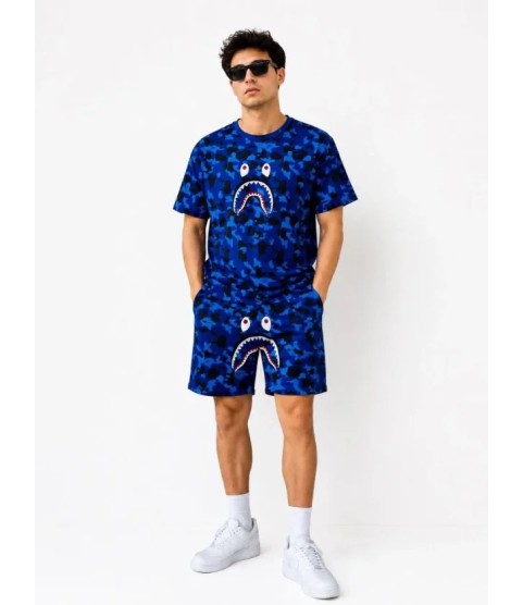 Erkek Oversize Kalıp Pubg Bape X Shark Nakışlı Cepli Şort Takım - Mavi