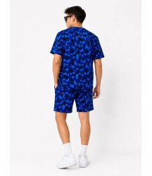 Erkek Oversize Kalıp Pubg Bape X Shark Nakışlı Cepli Şort Takım - Mavi