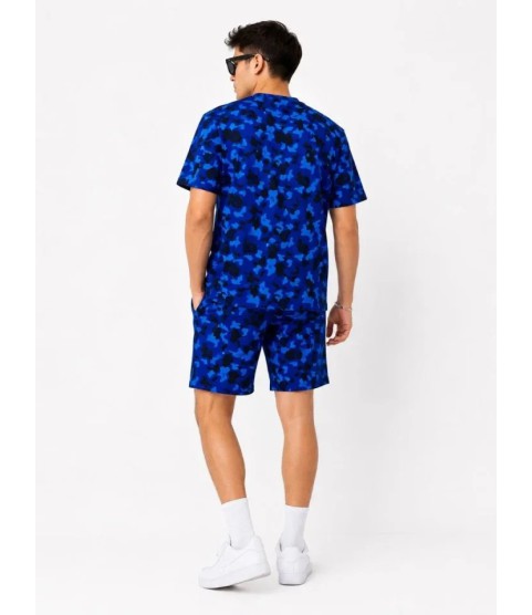 Erkek Oversize Kalıp Pubg Bape X Shark Nakışlı Cepli Şort Takım - Mavi
