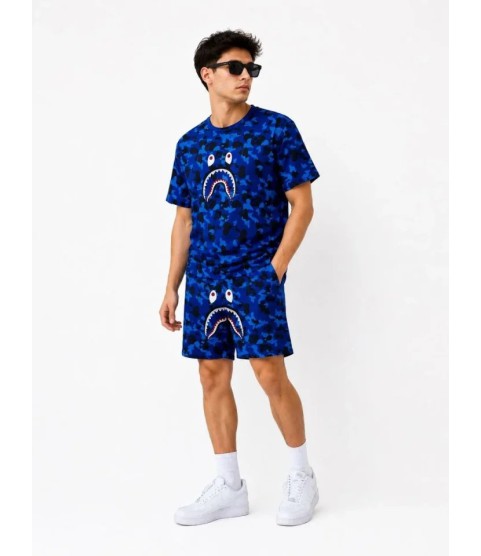 Erkek Oversize Kalıp Pubg Bape X Shark Nakışlı Cepli Şort Takım - Mavi