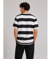 Erkek Çizgili Oversize Tişört Bisiklet Yaka Kısa Kol Yazlık T-Shirt - Siyah