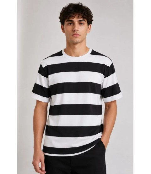 Erkek Çizgili Oversize Tişört Bisiklet Yaka Kısa Kol Yazlık T-Shirt - Siyah