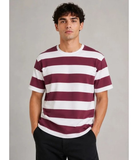 Erkek Çizgili Oversize Tişört Bisiklet Yaka Kısa Kol Yazlık T-Shirt - Bordo