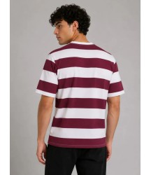 Erkek Çizgili Oversize Tişört Bisiklet Yaka Kısa Kol Yazlık T-Shirt - Bordo