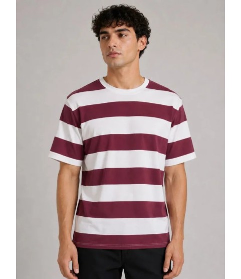 Erkek Çizgili Oversize Tişört Bisiklet Yaka Kısa Kol Yazlık T-Shirt - Bordo