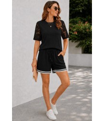 Kadın Kısa Kollu Bisiklet Yakalı Waffle Bluz Ve Short Ikili Takım