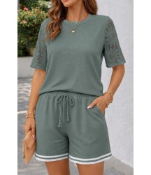 Kadın Kısa Kollu Bisiklet Yakalı Waffle Bluz Ve Short Ikili Takım