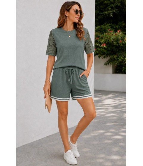 Kadın Kısa Kollu Bisiklet Yakalı Waffle Bluz Ve Short Ikili Takım