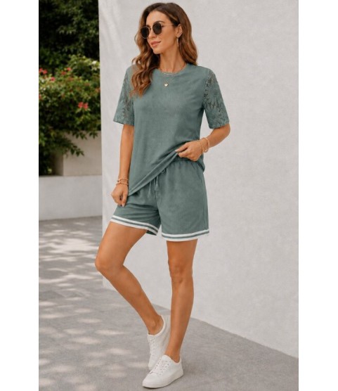 Kadın Kısa Kollu Bisiklet Yakalı Waffle Bluz Ve Short Ikili Takım