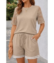 Kadın Kısa Kollu Bisiklet Yakalı Waffle Bluz Ve Short Ikili Takım