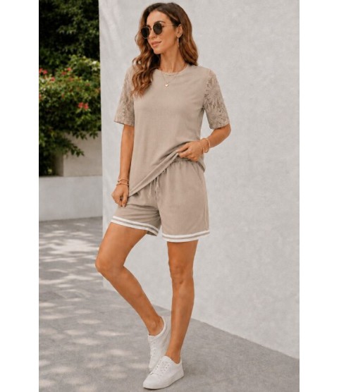 Kadın Kısa Kollu Bisiklet Yakalı Waffle Bluz Ve Short Ikili Takım