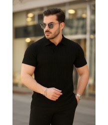Erkek Kısa Kollu Yakalı çizgi Desenli Triko Bluz