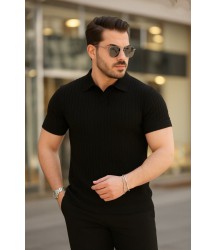 Erkek Kısa Kollu Yakalı çizgi Desenli Triko Bluz