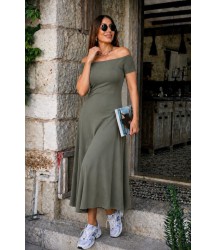 Kadın Omuzlardan Açık Lastikli Uzun Viskon Elbise