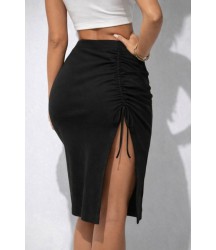Kadın Beli Lastikli Yandan Büzgülü Bağcık Detaylı Midi Kaşkorse Etek