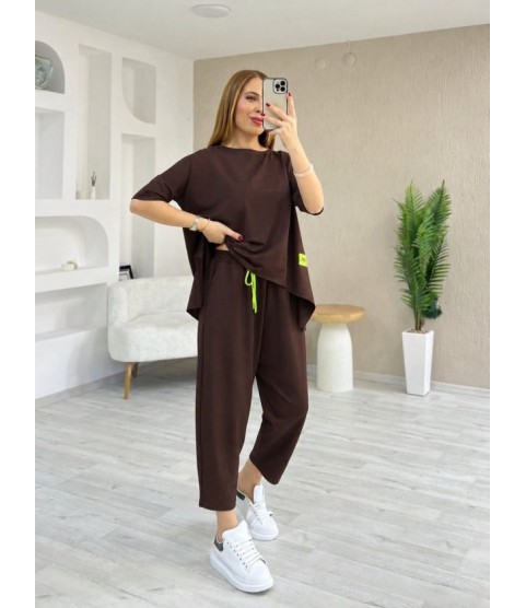 Kadın Kısa Kollu Bisiklet Yaka Viskon Iki Iplik Bluz Ve Pantolon Ikili Takım