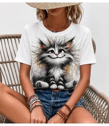 Kadın Kısa Kollu Bisiklet Yaka Kedi Baskılı Süprem Bluz