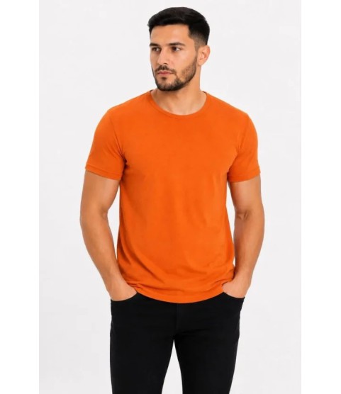 Erkek Basic Tişört Bisiklet Yaka Kısa Kol Günlük Yazlık Slim Fit T-Shirt - Turuncu