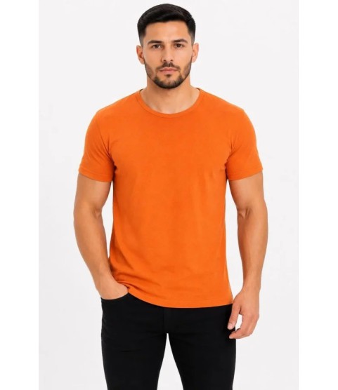 Erkek Basic Tişört Bisiklet Yaka Kısa Kol Günlük Yazlık Slim Fit T-Shirt - Turuncu
