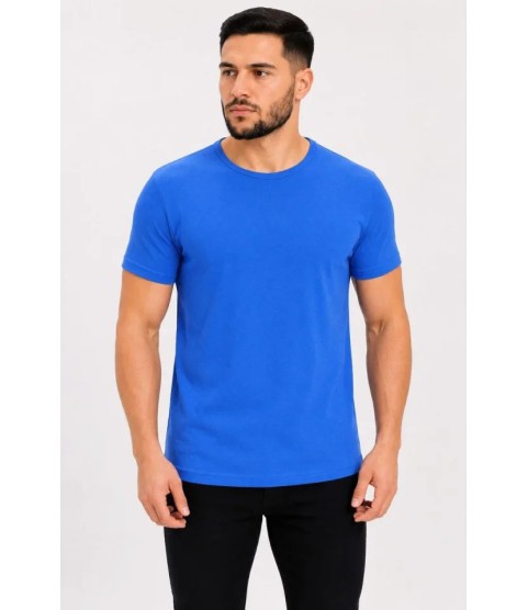 Erkek Basic Tişört Bisiklet Yaka Kısa Kol Günlük Yazlık Slim Fit T-Shirt - Saks Mavisi