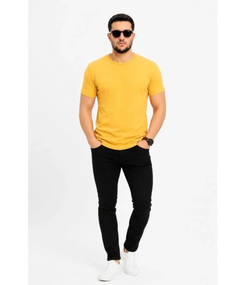Erkek Basic Tişört Bisiklet Yaka Kısa Kol Günlük Yazlık Slim Fit T-Shirt - Sarı