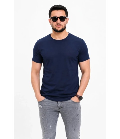 Erkek Basic Tişört Bisiklet Yaka Kısa Kol Günlük Yazlık Slim Fit T-Shirt - Lacivert