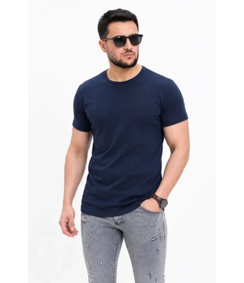 Erkek Basic Tişört Bisiklet Yaka Kısa Kol Günlük Yazlık Slim Fit T-Shirt - Lacivert