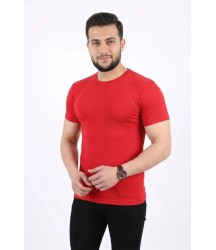 Erkek Basic Tişört Bisiklet Yaka Kısa Kol Günlük Yazlık Slim Fit T-Shirt - Kırmızı