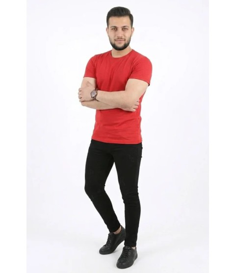 Erkek Basic Tişört Bisiklet Yaka Kısa Kol Günlük Yazlık Slim Fit T-Shirt - Kırmızı